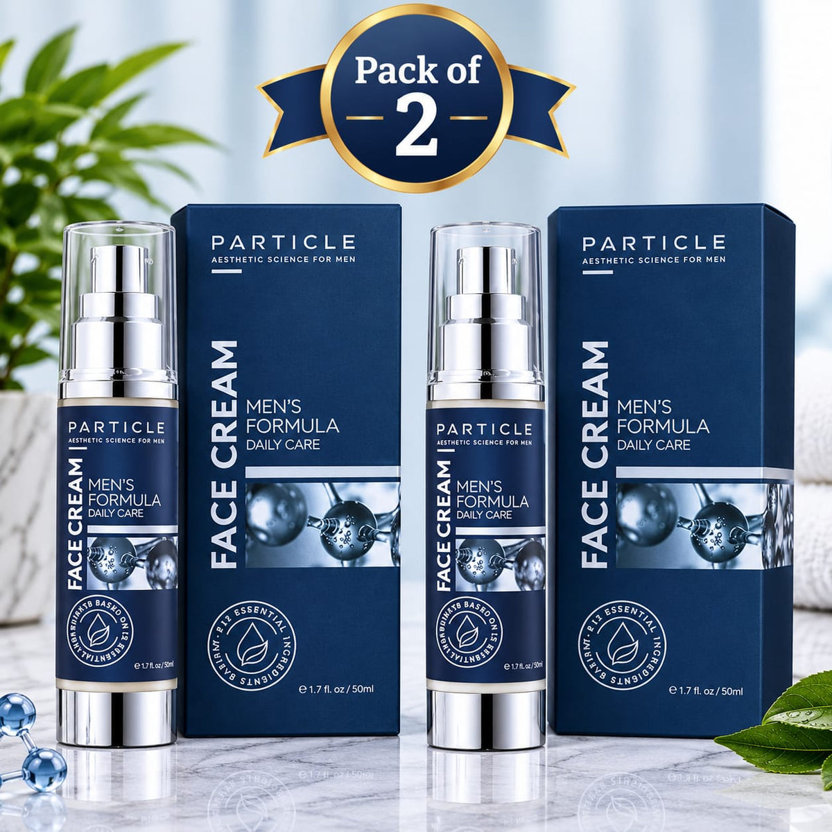 Two bottles of PARTICLE Face Cream Men's Formula Daily Care with their matching dark blue boxes, displayed on a marble surface with decorative green leaves and a 'Pack of 2' banner overlay.