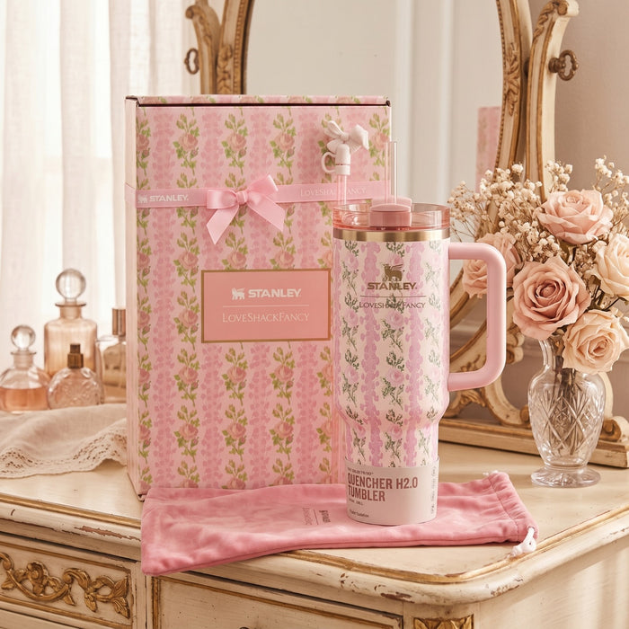 40oz Pink Floral Insulated Stainless Steel Tumbler with Handle, Straw & Lid