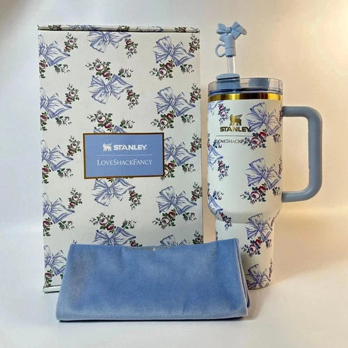 40oz Holiday Floral Insulated Tumbler with Handle & Straw – Blue Gift Box